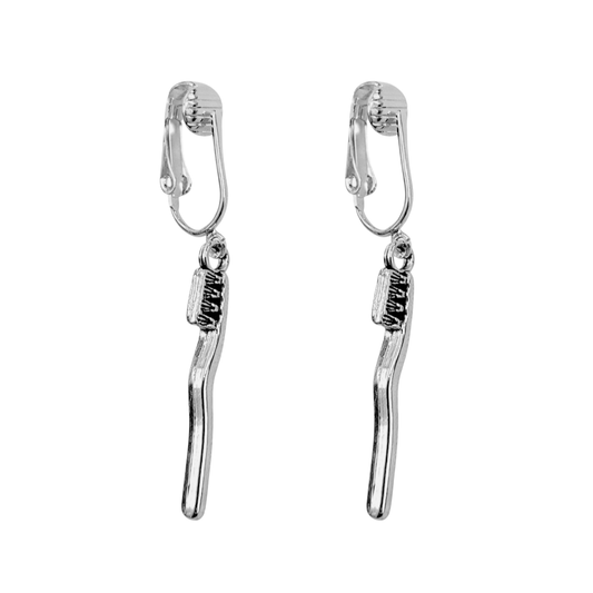 Silver Toothbrush Clip On Dangling Earrings