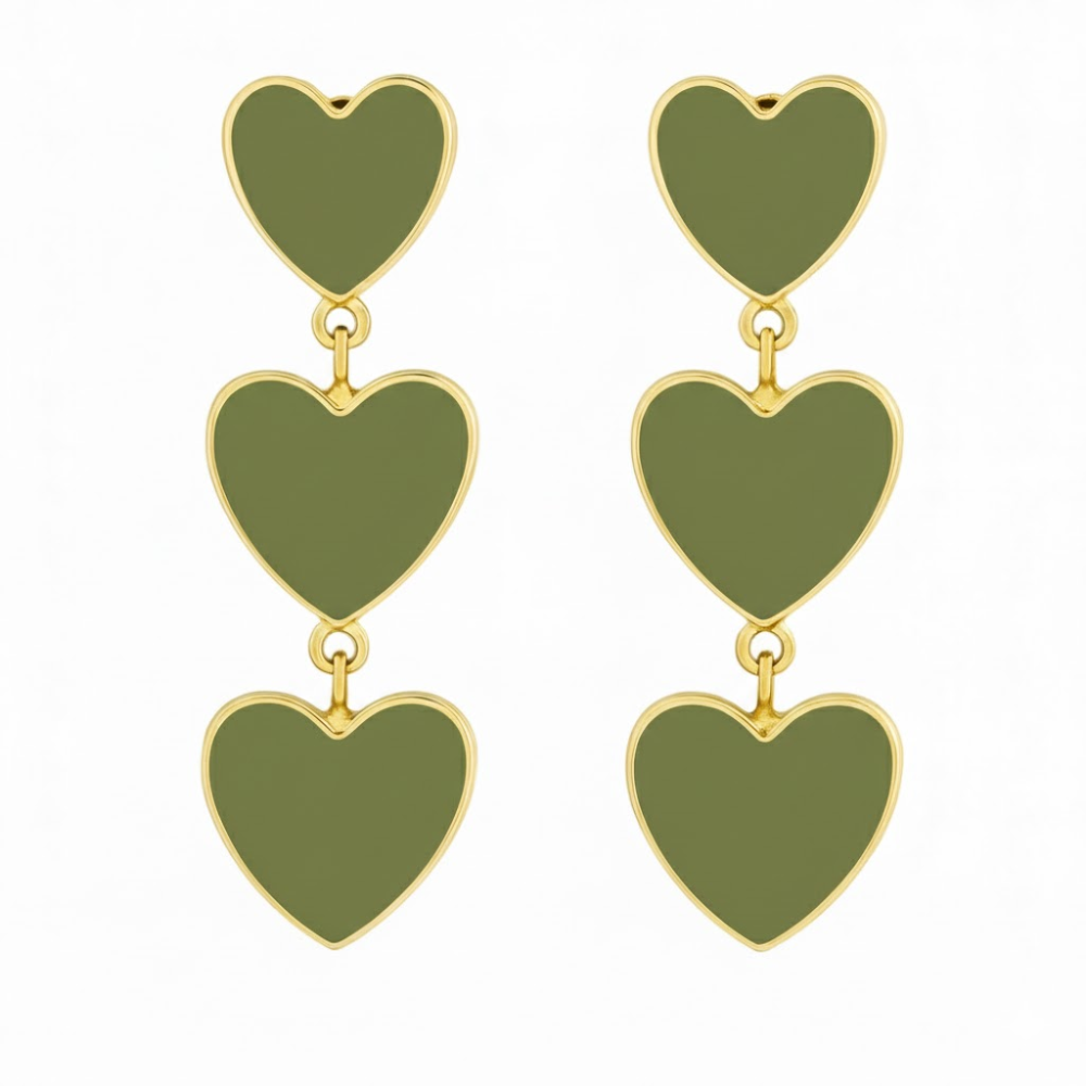 Gold Triple Heart Clip On Dangling Earrings