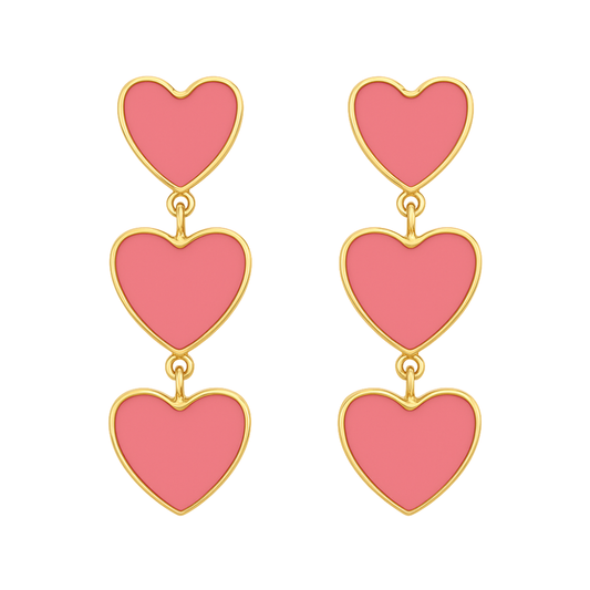 Gold Triple Heart Clip On Dangling Earrings