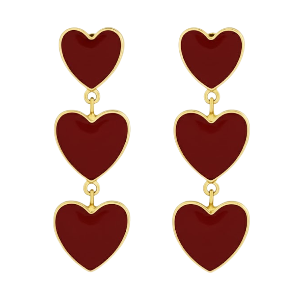 Gold Triple Heart Clip On Dangling Earrings