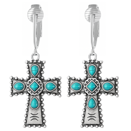 Silver Turquoise Cross Clip On Dangling Earrings