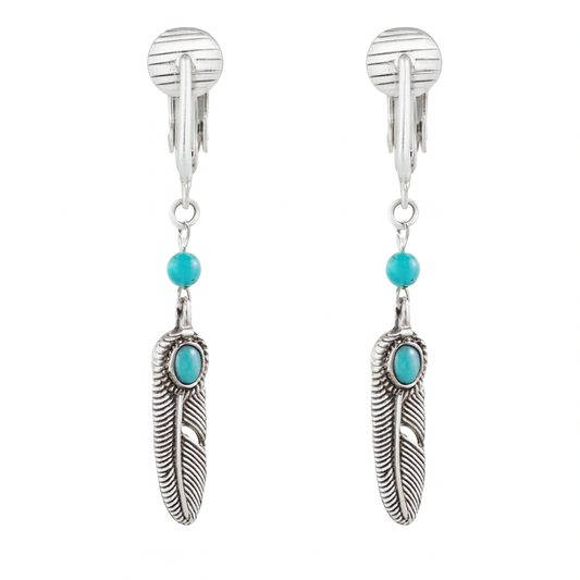 Silver Turquoise Feather Clip On Dangling Earrings