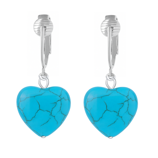 Silver Turquoise Heart Clip On Dangling Earrings