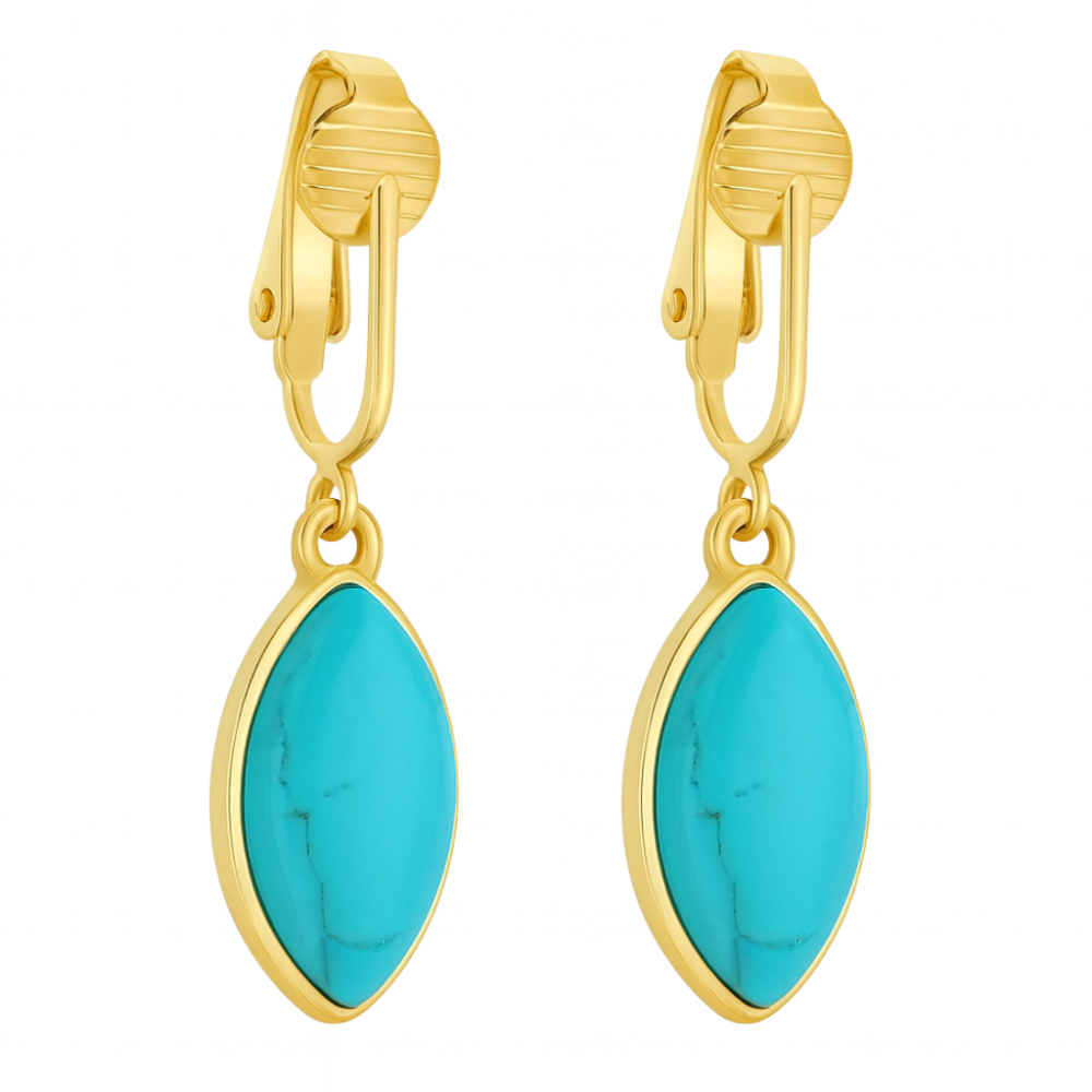 Gold Marquise Shaped Clip On Dangling Earrings