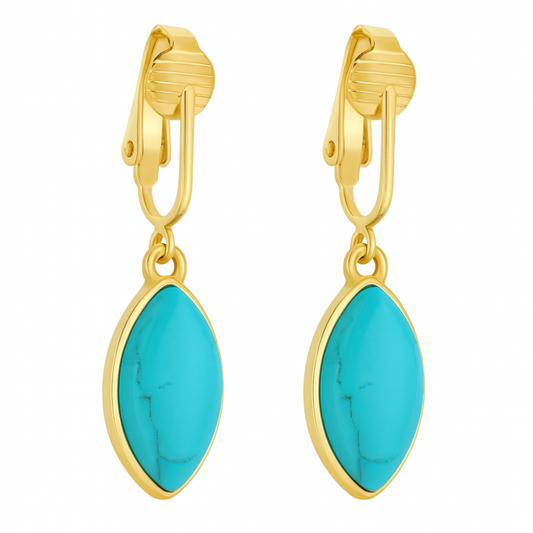 Gold Marquise Shaped Clip On Dangling Earrings