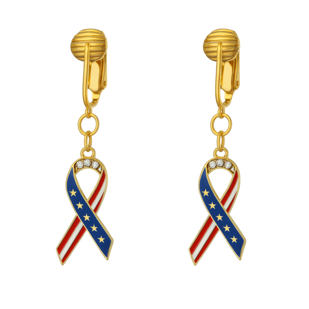 Gold American Flag Ribbons Clip On Dangling Earrings