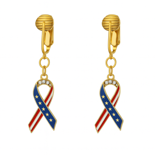 Gold American Flag Ribbons Clip On Dangling Earrings