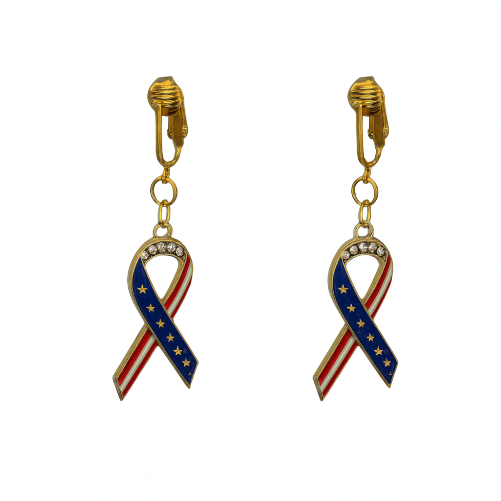 Gold American Flag Ribbons Clip On Dangling Earrings