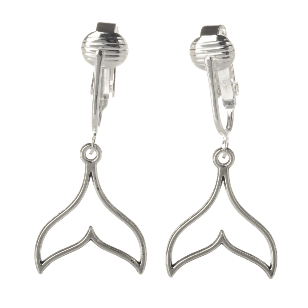 Silver Whale Tail Clip On Dangling Earrings