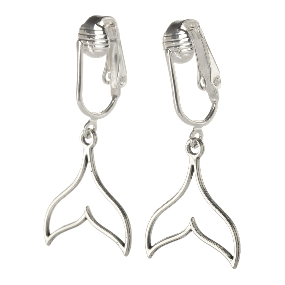 Silver Whale Tail Clip On Dangling Earrings