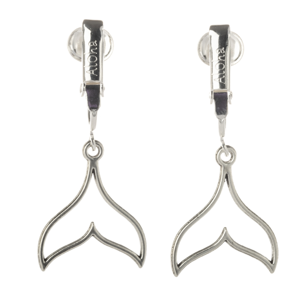 Silver Whale Tail Clip On Dangling Earrings