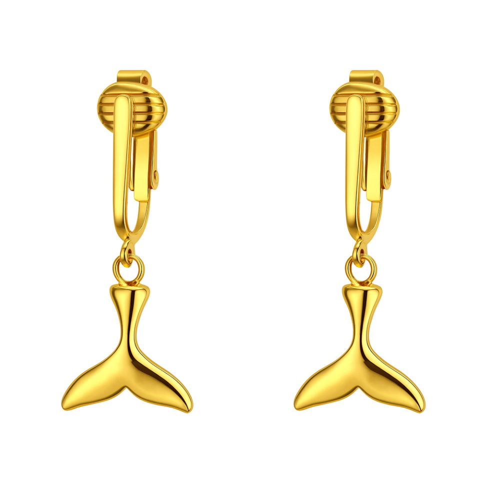 Gold Whale Tail Clip On Dangling Earrings