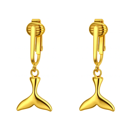 Gold Whale Tail Clip On Dangling Earrings