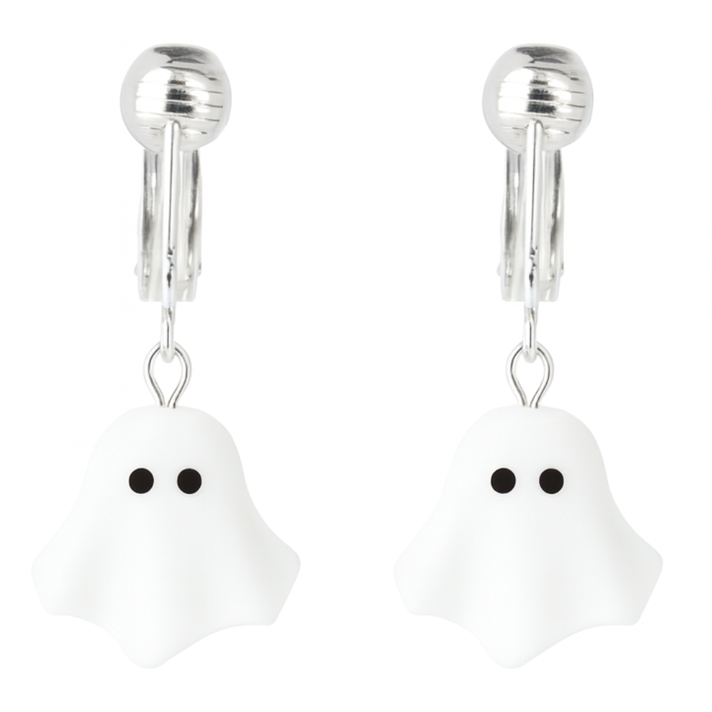 White 3D Ghosts Silver Clip On Dangling Earrings