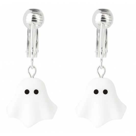 White 3D Ghosts Silver Clip On Dangling Earrings