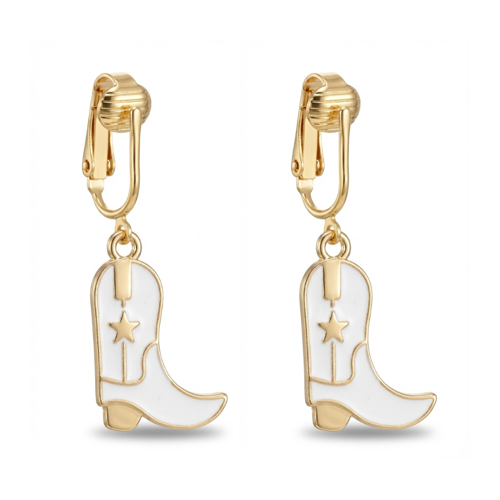 White Cowboy Boots Gold Clip On Dangling Earrings