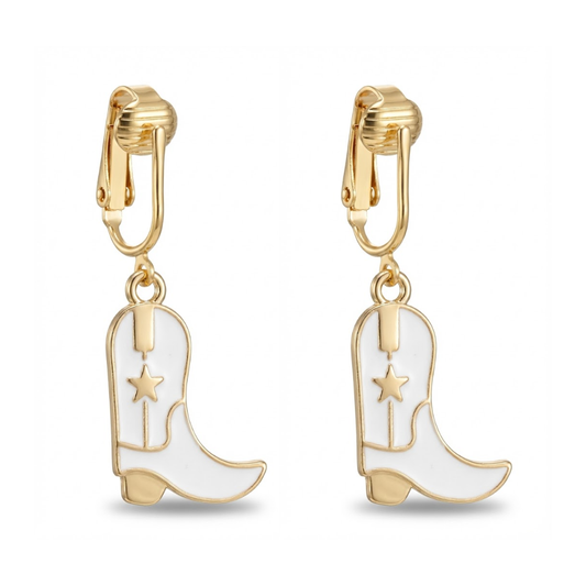White Cowboy Boots Gold Clip On Dangling Earrings
