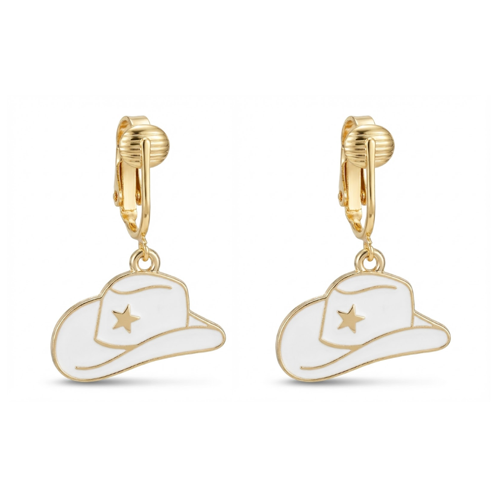 White Cowboy Hats Gold Clip On Dangling Earrings