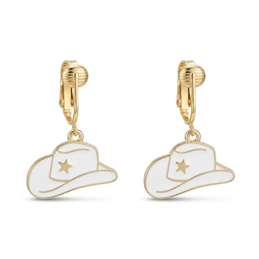 White Cowboy Hats Gold Clip On Dangling Earrings