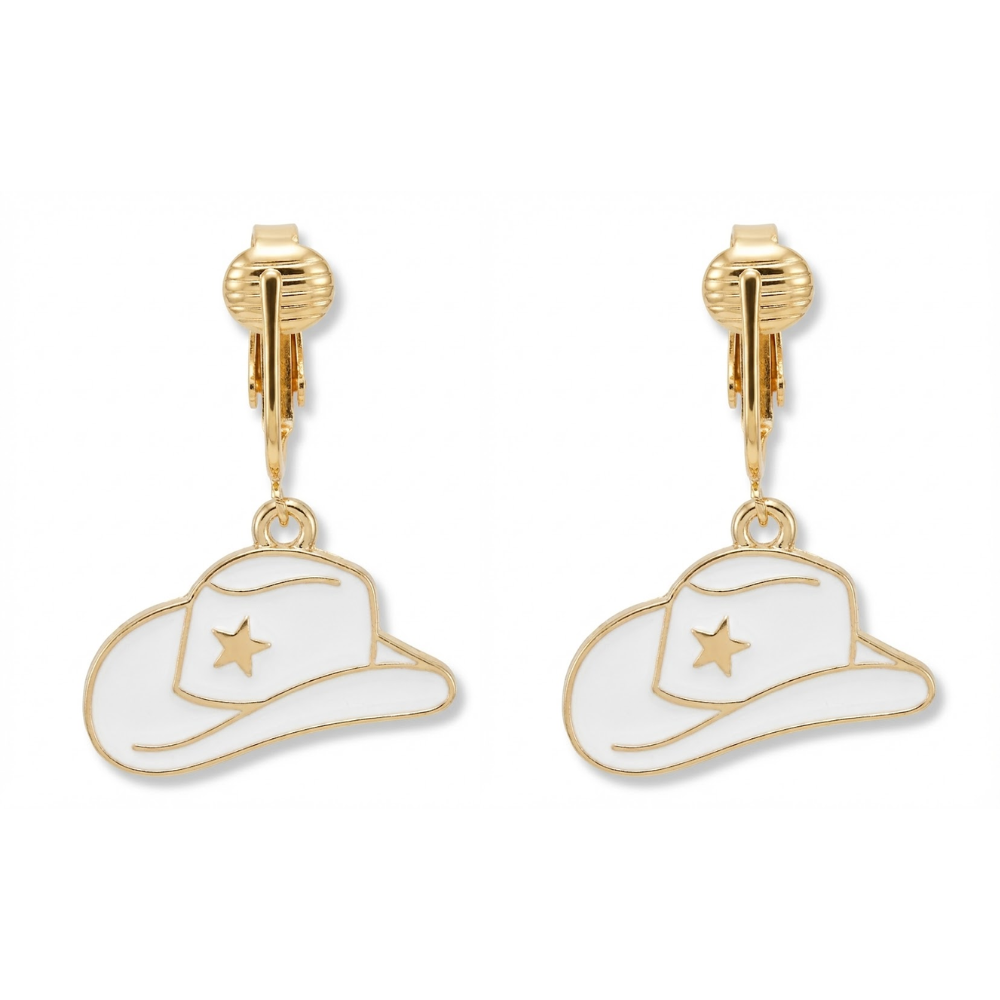 White Cowboy Hats Gold Clip On Dangling Earrings