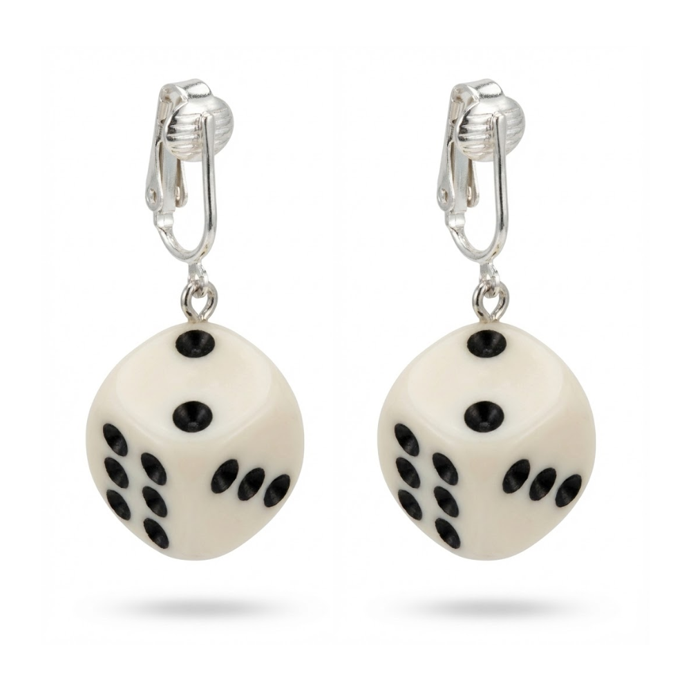 White Dice Silver Clip On Dangling Earrings