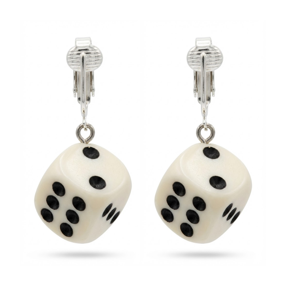 White Dice Silver Clip On Dangling Earrings