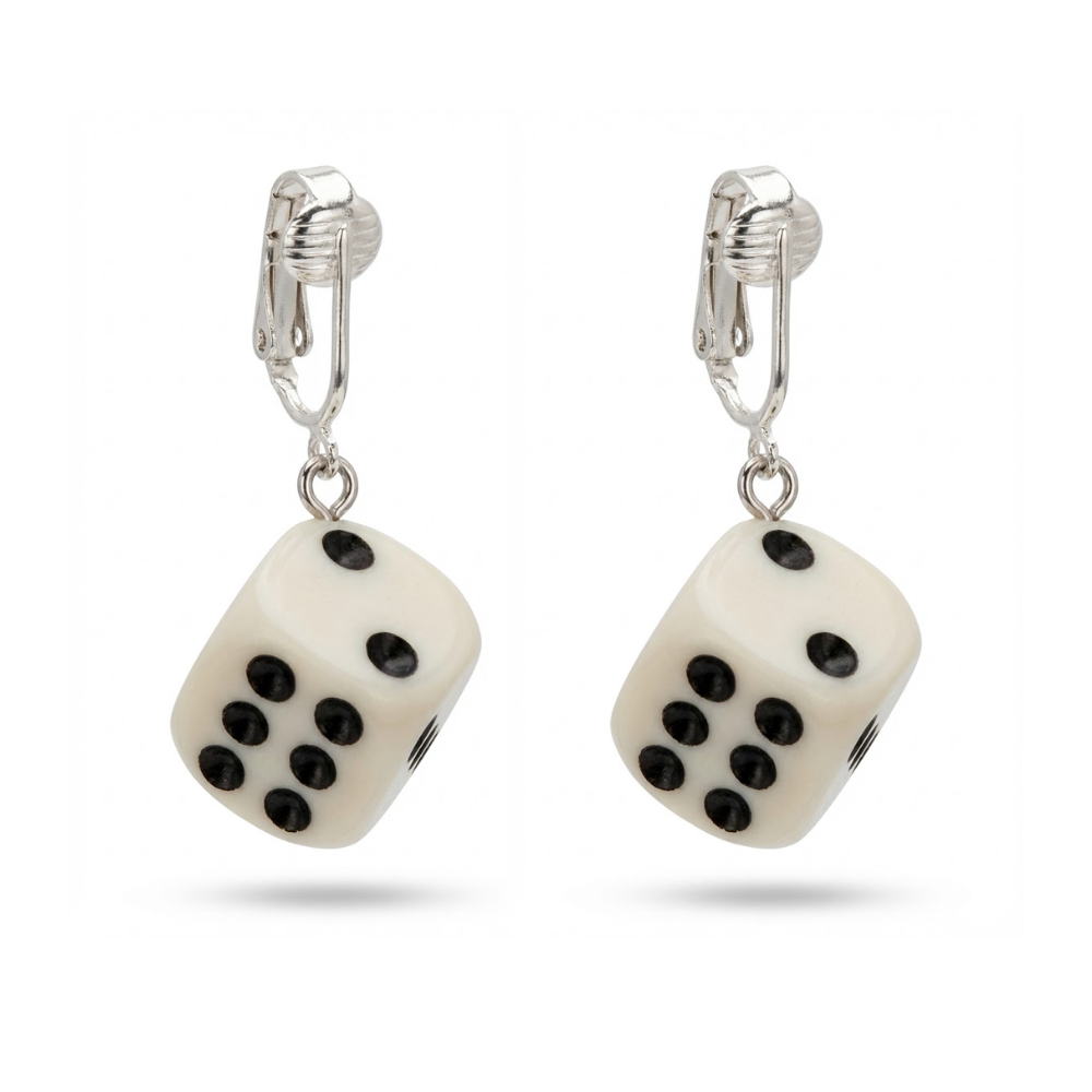 White Dice Silver Clip On Dangling Earrings