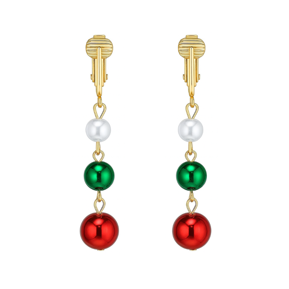 Gold White Green and Red Balls Clip On Dangling Earrings