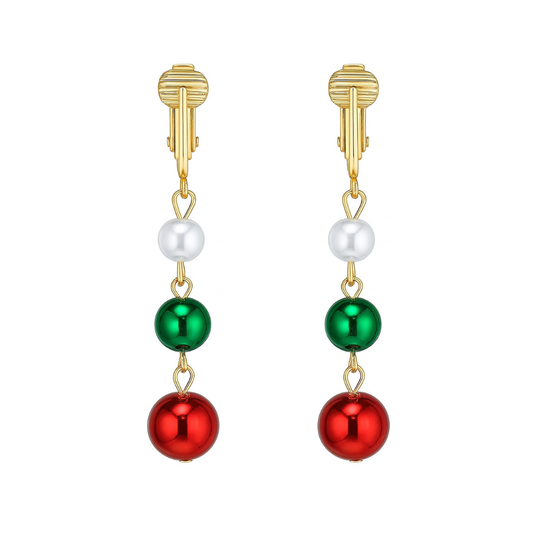 Gold White Green and Red Balls Clip On Dangling Earrings