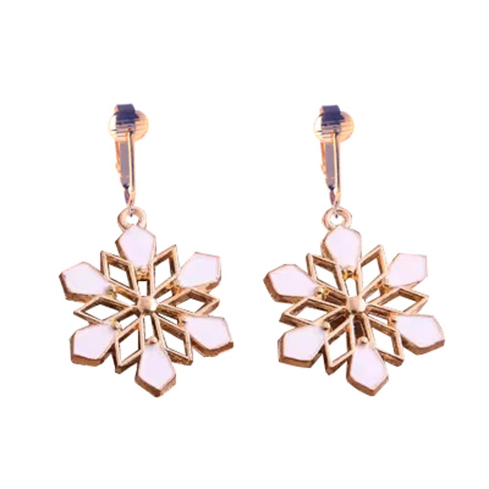 White Snowflakes Gold Clip On Dangling Earrings