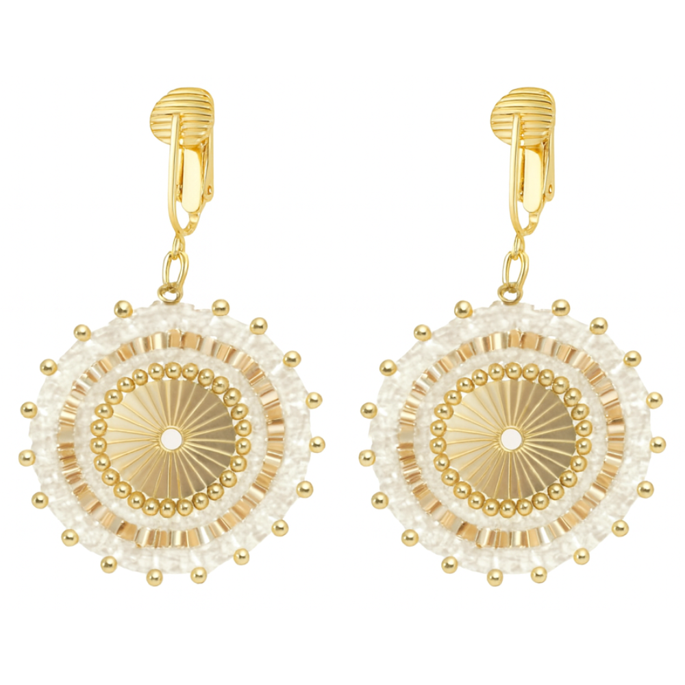 Gold Beaded Circle Clip On Dangling Earrings