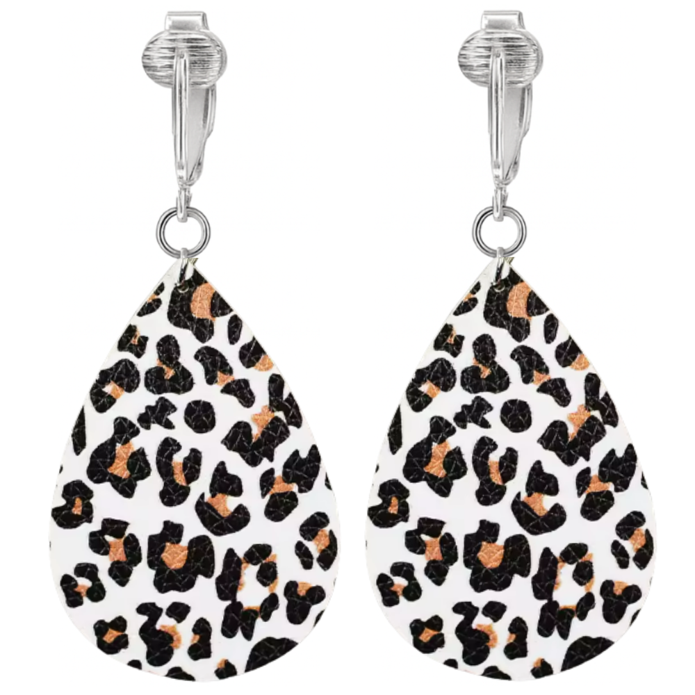 Faux Leather Animal Print Teardrop Shaped Clip On Dangling Earrings