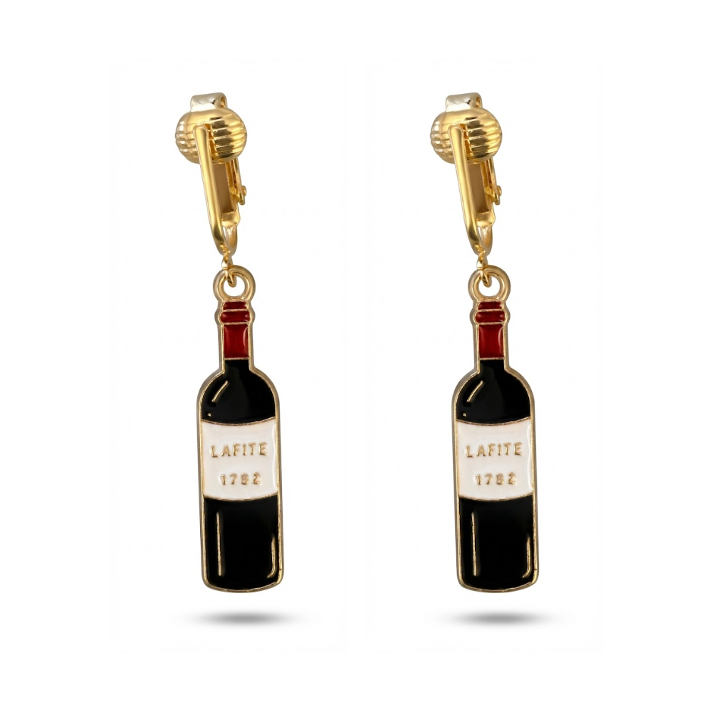 Wine Bottles Gold Clip On Dangling Earrings