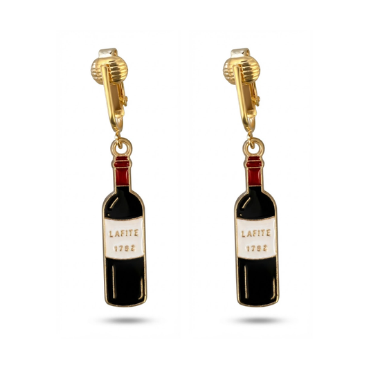Wine Bottles Gold Clip On Dangling Earrings