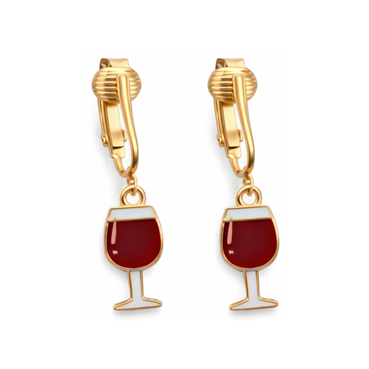 Wine Glasses Gold Clip On Dangling Earrings
