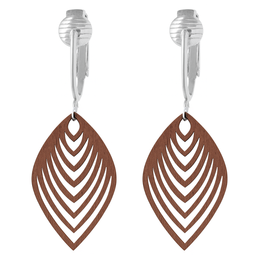 Silver Wooden Chevron Cutouts Clip On Dangling Earrings