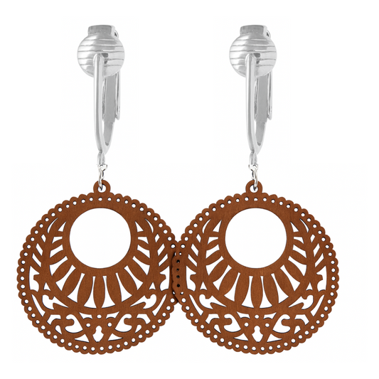 Silver Wooden Circle Cutouts Clip On Dangling Earrings