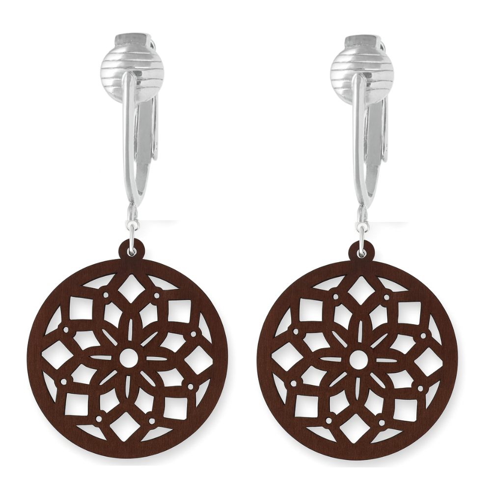 Silver Wooden Round Flower Cutouts Clip On Dangling Earrings