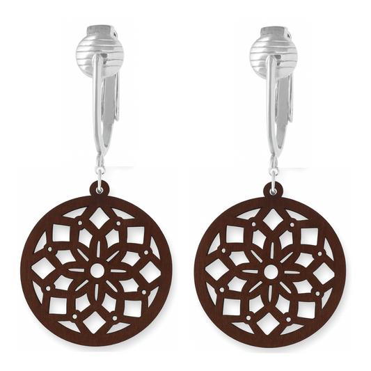 Silver Wooden Round Flower Cutouts Clip On Dangling Earrings