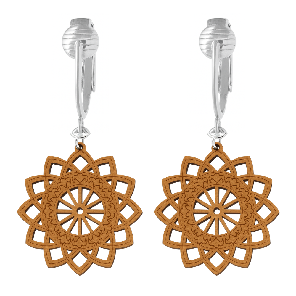 Silver Wooden Sunburst Cutouts Clip On Dangling Earrings