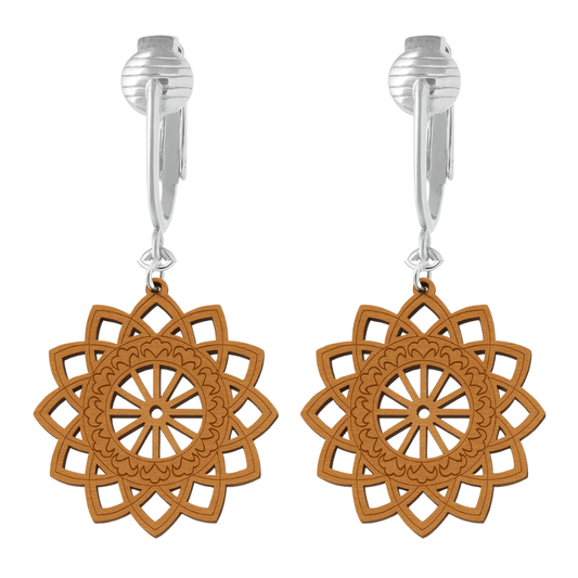 Silver Wooden Sunburst Cutouts Clip On Dangling Earrings