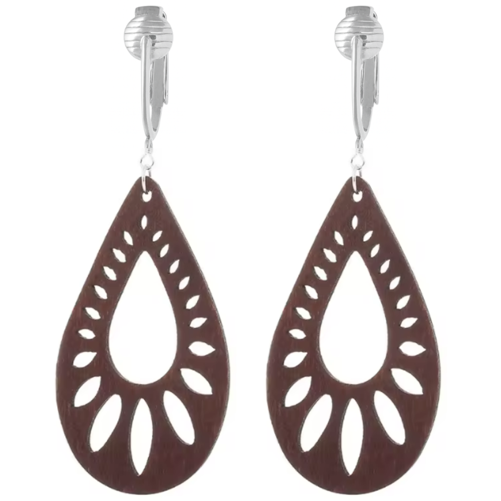 Silver Wooden Teardrop Cutouts Clip On Dangling Earrings