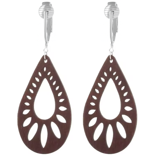 Silver Wooden Teardrop Cutouts Clip On Dangling Earrings