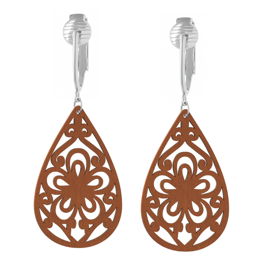Silver Wooden Teardrop Flowers Clip On Dangling Earrings