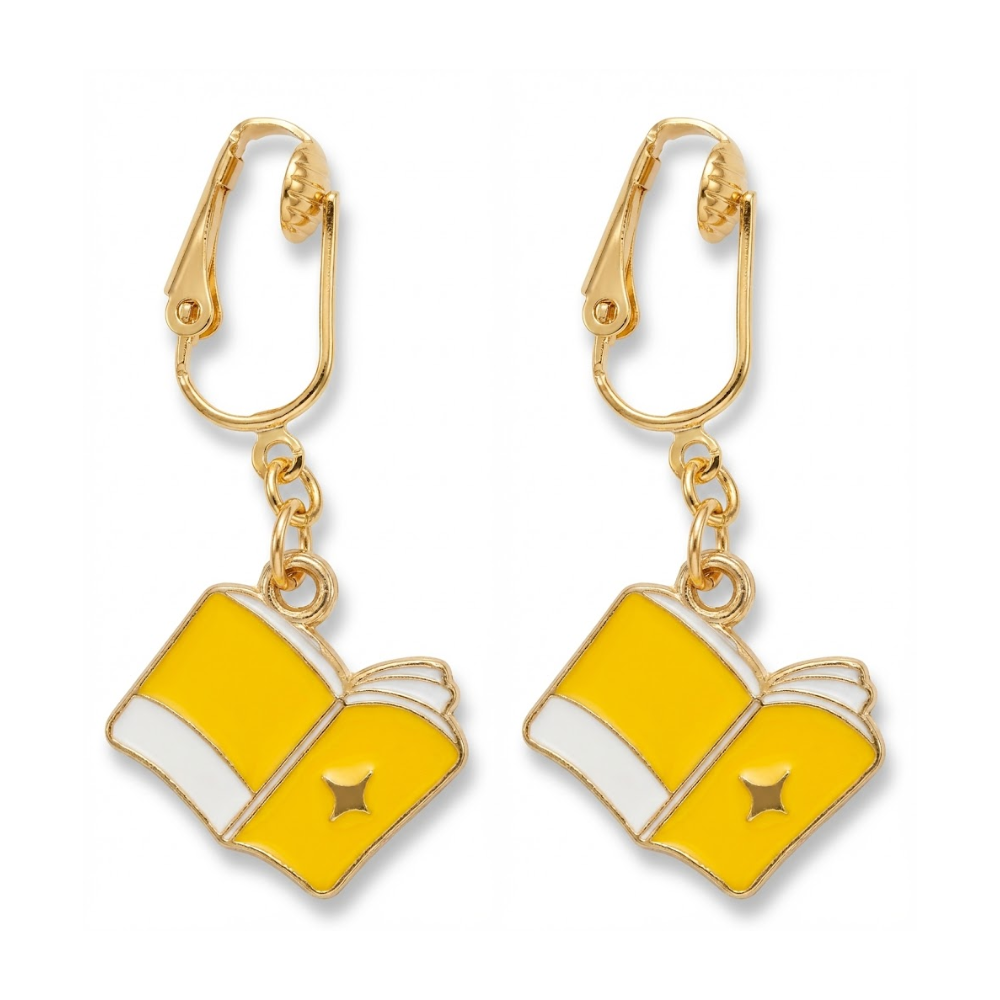 Book Gold Clip On Dangling Earrings
