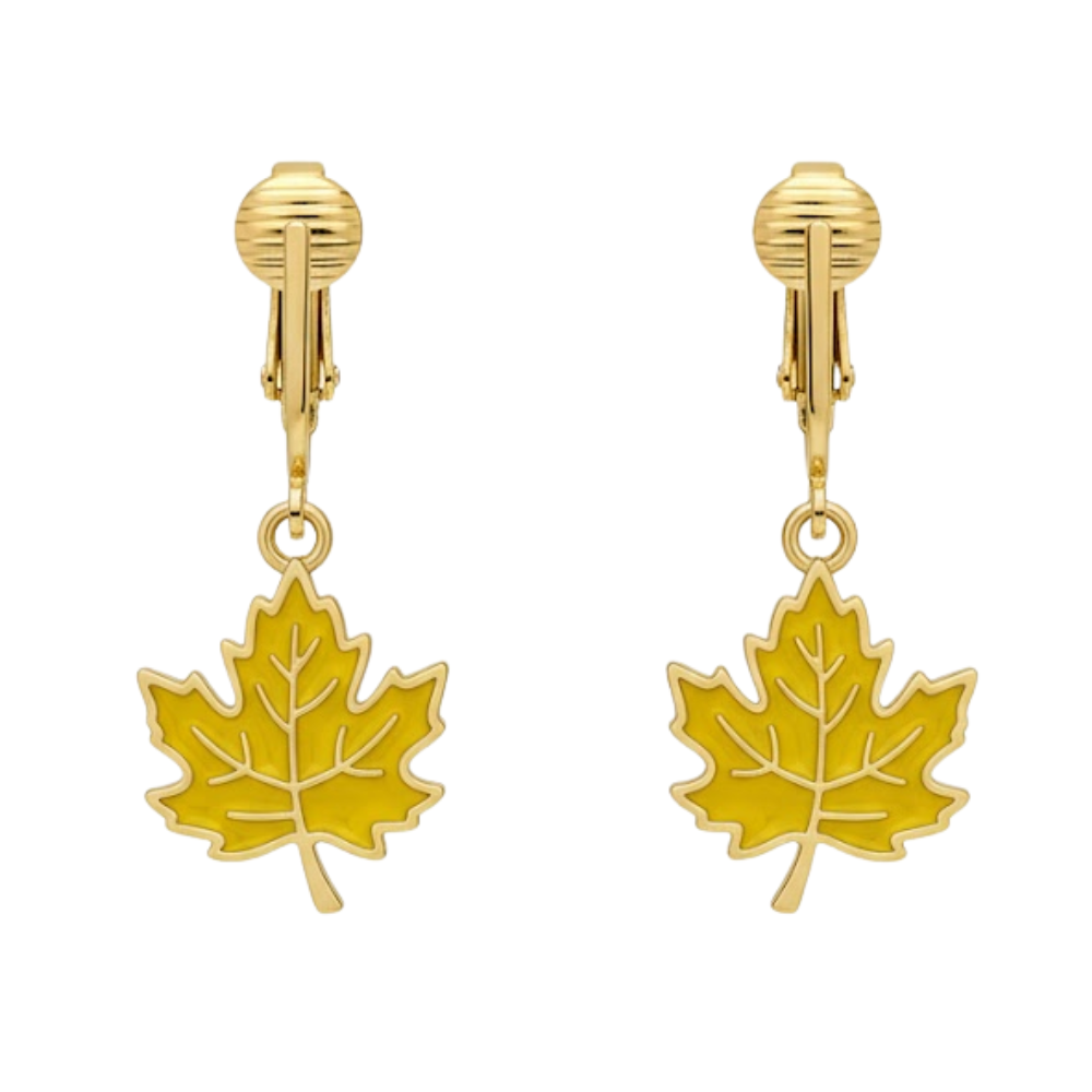 Yellow Leaves Gold Clip On Dangling Earrings