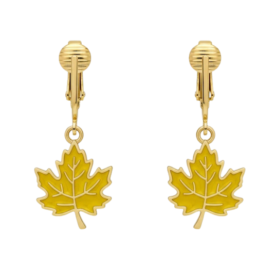 Yellow Leaves Gold Clip On Dangling Earrings