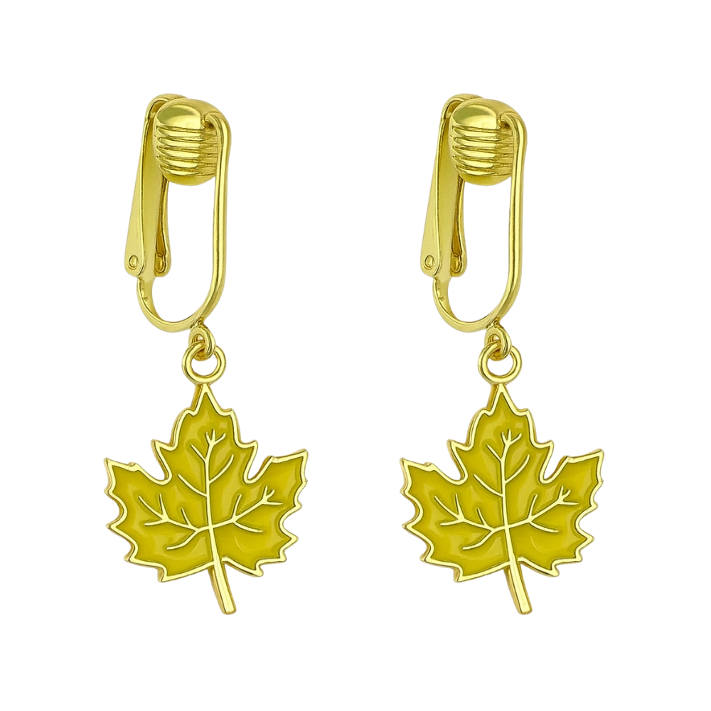 Yellow Leaves Gold Clip On Dangling Earrings