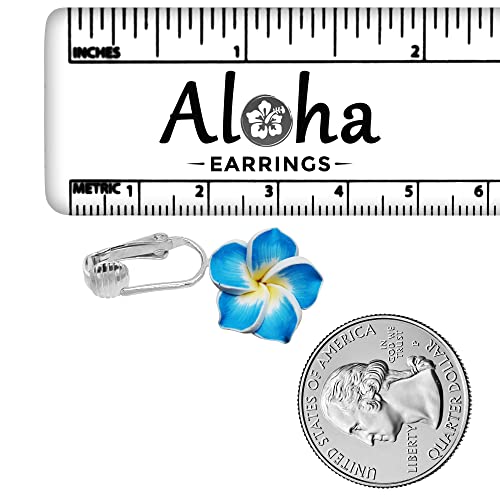Small Blue Plumeria Flower Clip On Dangling Earrings