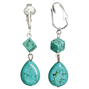 Trendy Turquoise Clip On Earrings for Women - Authentic Turquoise Dangle Teardrop, Cube and Briolette Clip-on Earrings w Pierced Look